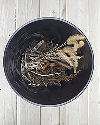 Bucket full of woodland items for use in mandala creation.